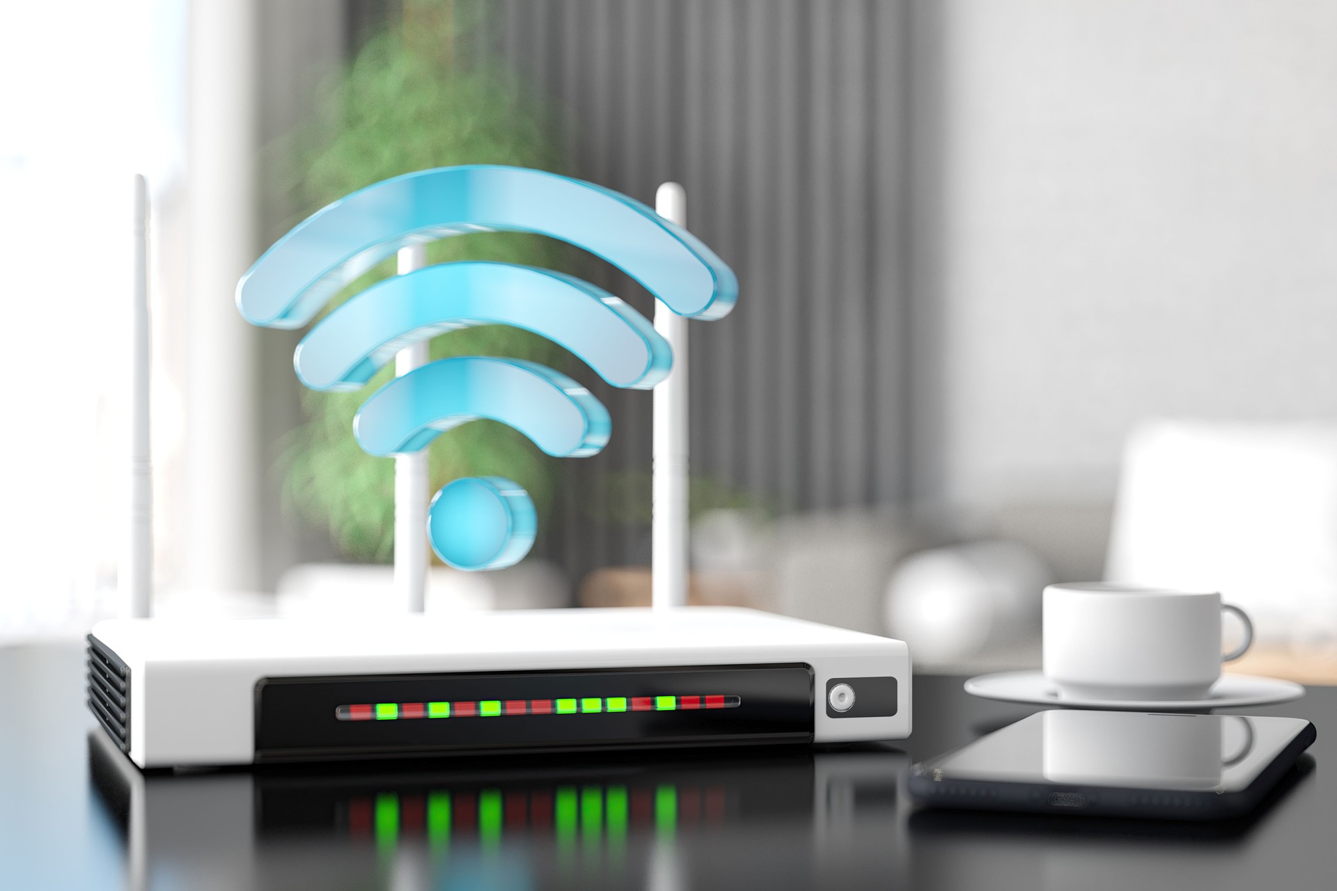 Internet Router with Wifi Sign and Smart Phone in a Modern Living Room